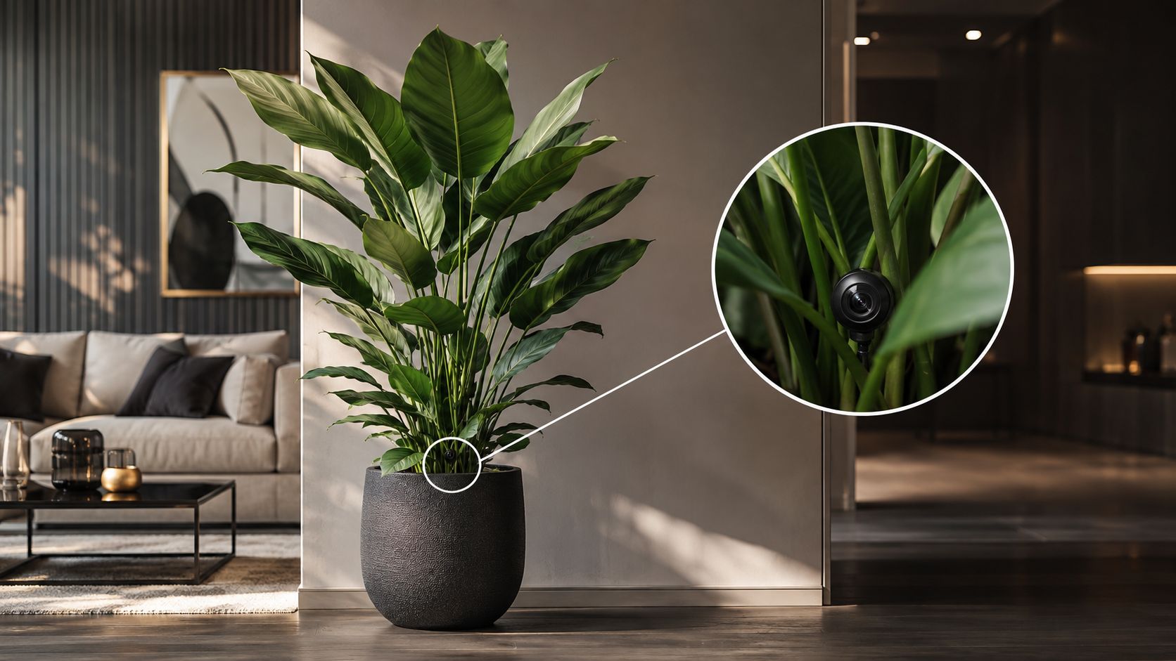 Caméra discrète intégrée dans une plante avec zoom sur l'objectif